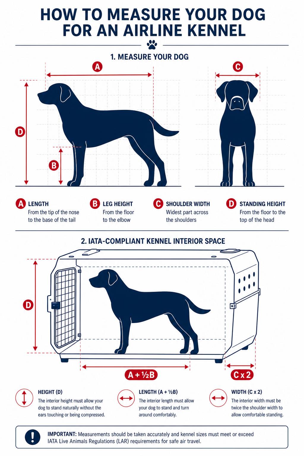 Diagram showing how to measure a pet (A length, B leg height, C shoulder width, D standing height) for a compliant airline kennel